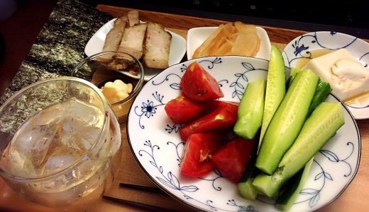 一人暮らしのひとり晩酌５（野菜サラダ・豆腐・新ショウガ・焼き豚・海苔）
