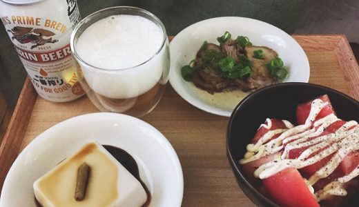一人暮らしのひとり晩酌10（焼き豚・トマト・ゴマ豆腐・ビール）