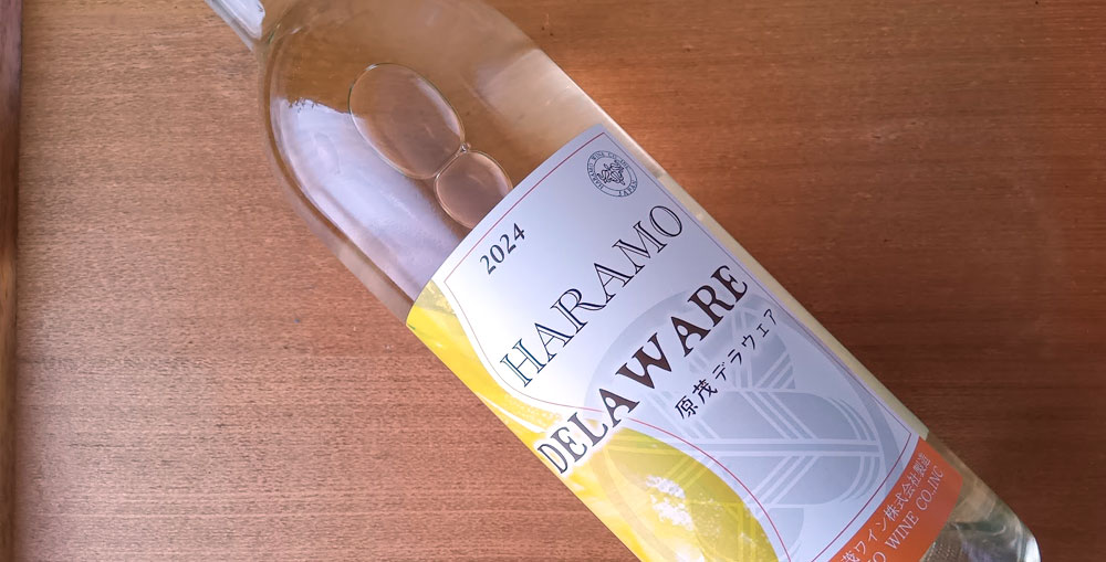 原茂（はらも）ワインさんのデラウエアの白ワイン。甘くて香り良くてすっきりしててめちゃくちゃ美味しい。